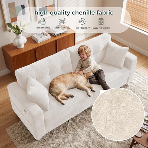 Image of 87 inch Loveseat Sofa for Living Room, Modern Chenille Cloud Couch with USB /Type-C Charging Ports, Side Pockets, Removable Cover, Wide Armrests, Small Couch for Small Space, Easy Assembly, Beige