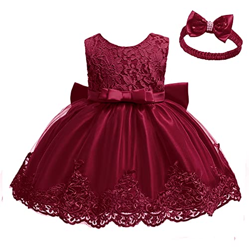 Newborn Baby Girls Formal Dress Infant Birthday Party Lace Frocks Easter Dresses With Headwear (Burgundy 8348,3M) #TOP2