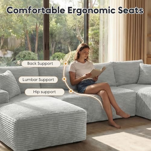 Image of 125 Inch Modular Sectional Sofa, Cloud Couch Oversized U Shaped Corduroy Sofa with Storage & Cupholders, Modern Deep Seat Boneless Couches for Living Room, No Assembly Required, Light Grey