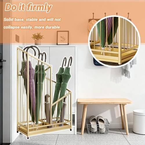 Large Capacity Metal Umbrella Holder Stand - Removable Drip Tray for Indoor Use, Stylish Gold Finish, Perfect for Home & Office Decor (25x20x62cm/9x7x24in)