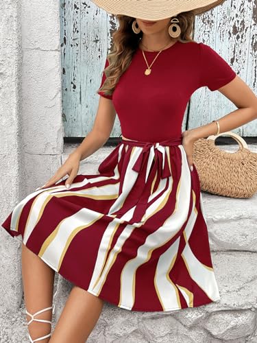 Image of Women's Elegant Vintage Round Neck Short Sleeve Summer Casual Work Party A-Line Dress with Belt 809