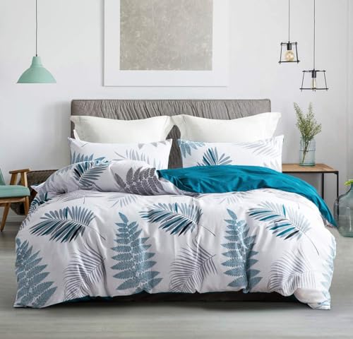 Image of Duvet Cover Set, 600 Thread Count Cotton White Leaf Floral Pattern Print Reversible Comforter Cover Set (King, Peacock Blue-Leaf)