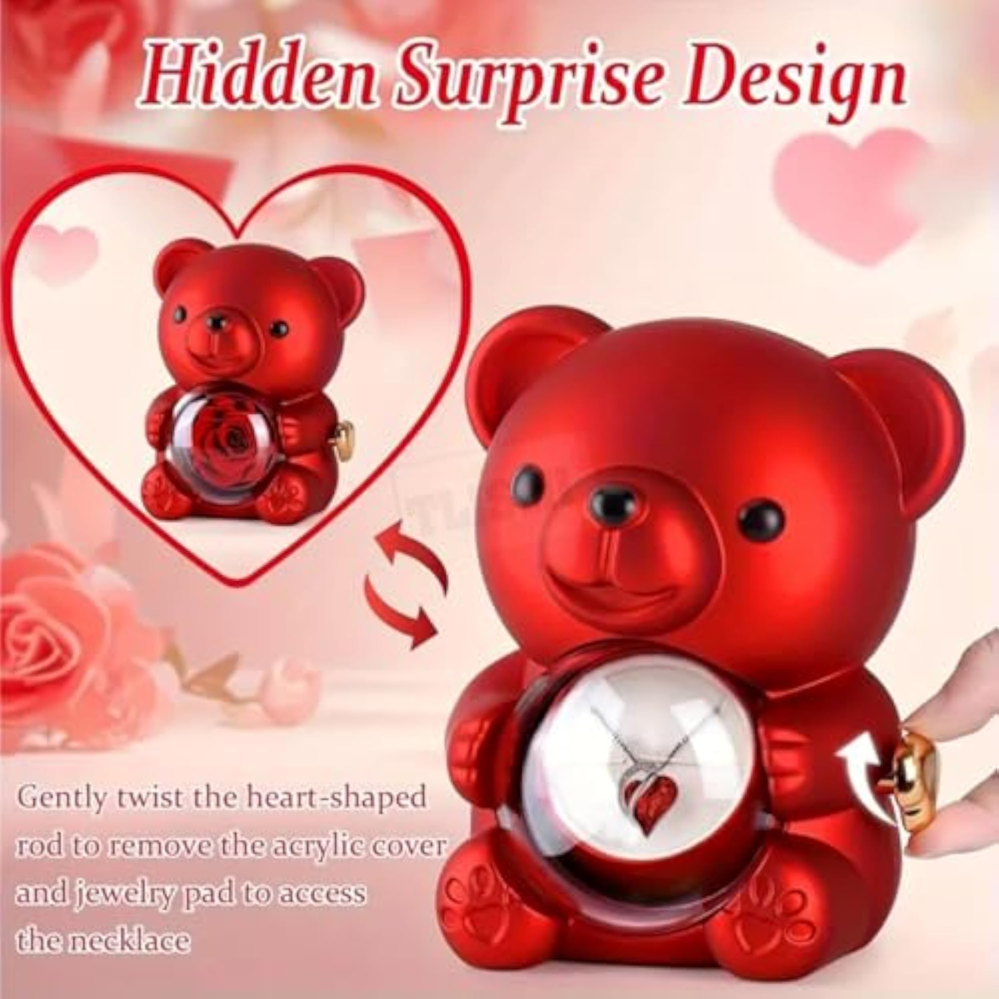 Cute Teddy Shape Ring Box with Rotating Preserved Rose