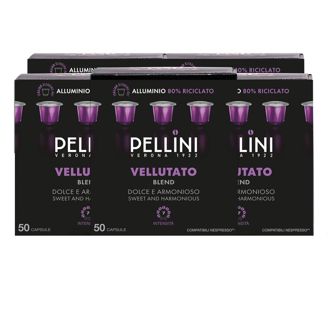 Pellini Vellutato, 250 Cápsulas de Aluminio compatibles con Nespresso, Mezcla de café Arábica y Robusta, con notas de frutos secos y regaliz, 5 paquetes de 50 cápsulas