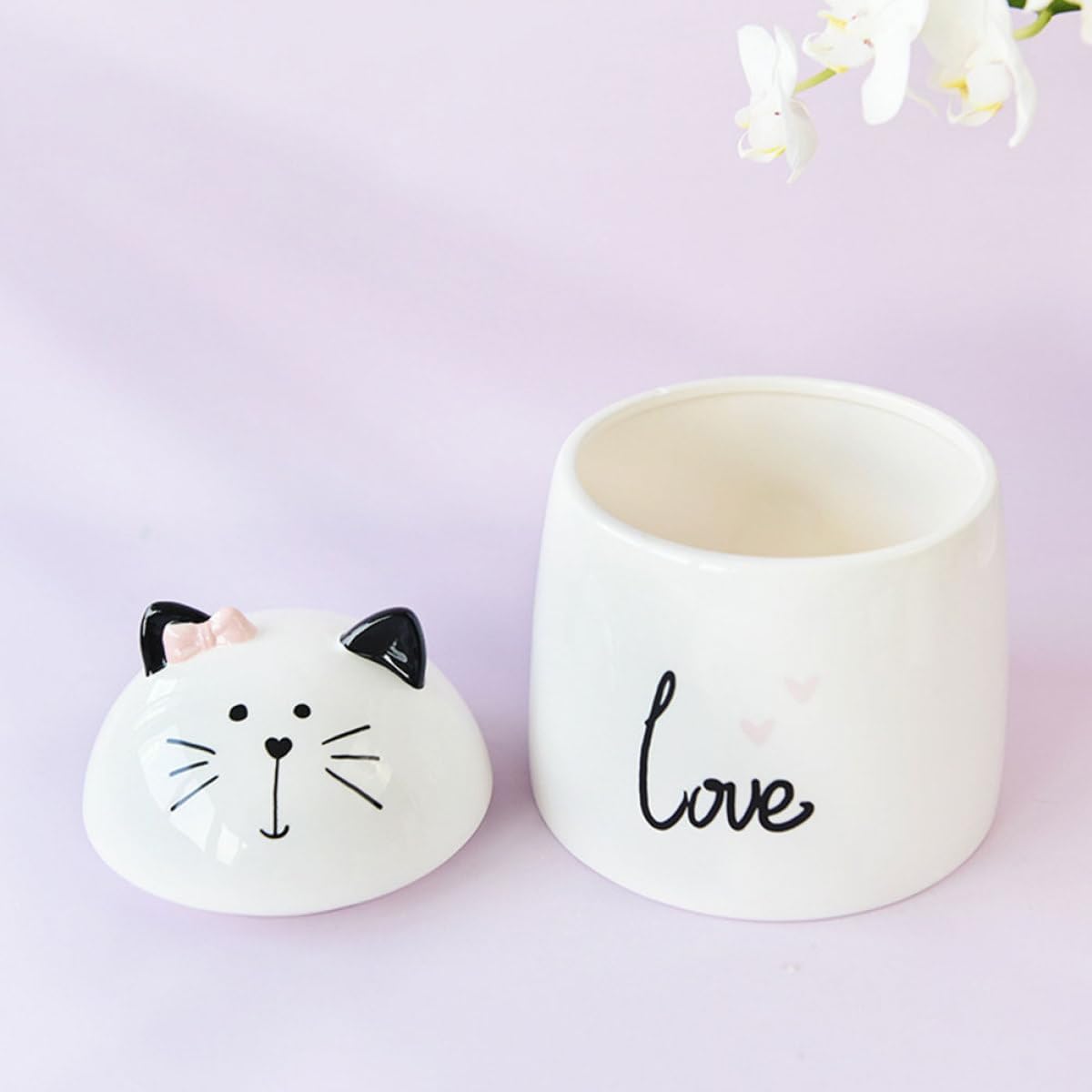 NUOBESTY Ceramic Spice Storage Jar and Porcelain Condiment Container with Lid, Cat Shape Food Canister for Household Kitchen, Sugar and Salt Storage for Countertop Organization