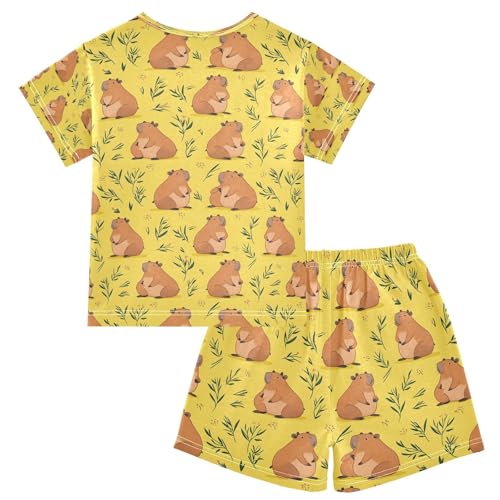 ALAZA Cartoon Capybaras Yellow Pajamas Set Short Sleeve Cotton Sleepwear Summer Pjs 2 Piece 5-14Y2