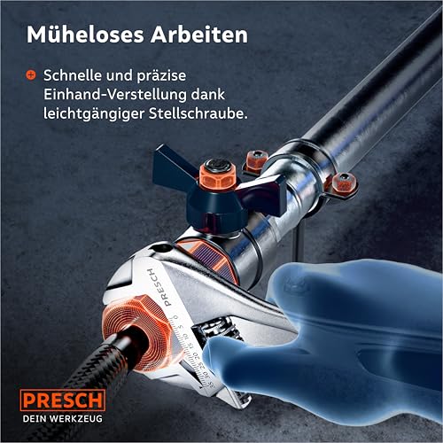 PRESCH Rollgabelschlüssel 250mm - Lasergravierte Skala 35mm (metrisch & inch) - Hochpräzise gefräst für besten Halt - Robuster, verstellbarer Schraubenschlüssel - Hochwertiges Engländer Werkzeug