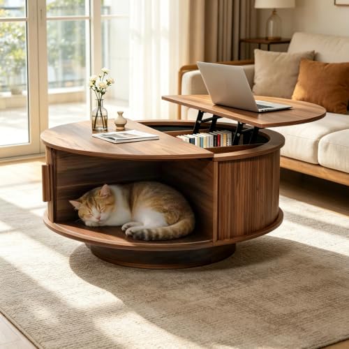 Round Lift Top Coffee Table Mid Century Modern Fluted Circle Coffee Table with Hidden Storage Compartment Wooden Center Table with Open Shelf for Living Room Small Space Walnut