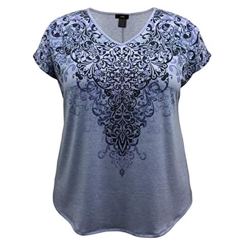 LEEBE Women's Plus Dolman Short Sleeve Print Top (UK 18-36) (26-28, Navy Paisley/Lt. Heather Blue (with Rhinestones)) Cover