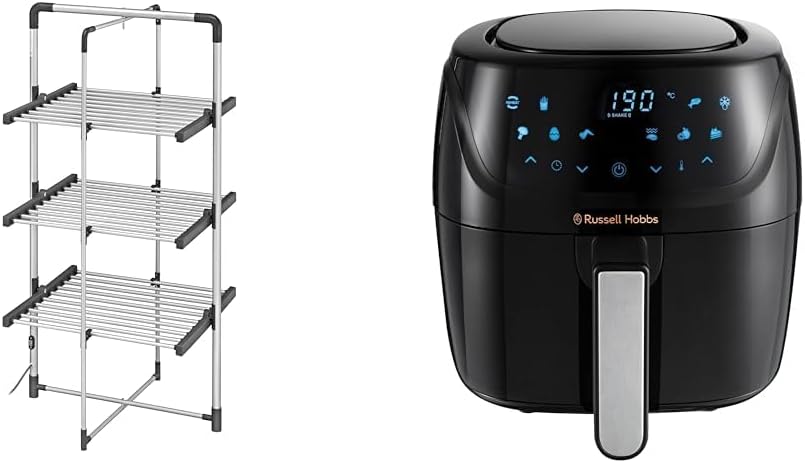 Black+Decker 63099 3-Tier Heated Clothes Airer Aluminium, Cool Grey, 140cm x 73cm x 68cm & Russell Hobbs 4L Rapid Digital Air Fryer [7 Cooking Functions |10 Programs] Energy Saving