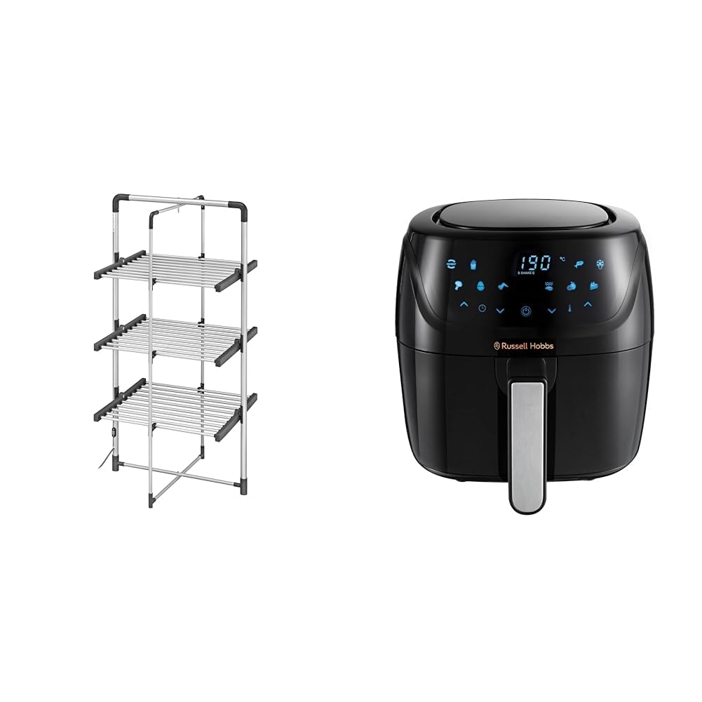 BLACK+DECKER63099 3-Tier Heated Clothes Airer Aluminium, Cool Grey, 140cm x 73cm x 68cm & Russell Hobbs 4L Rapid Digital Air Fryer [7 Cooking Functions |10 Programs] Energy Saving