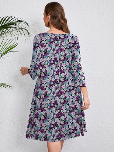 Image of AusLook Women's Plus Midi Dresses Crew Neck A Line 3 /4 Sleeves Casual Elegant Loose Wedding Vacation Dress with Pockets