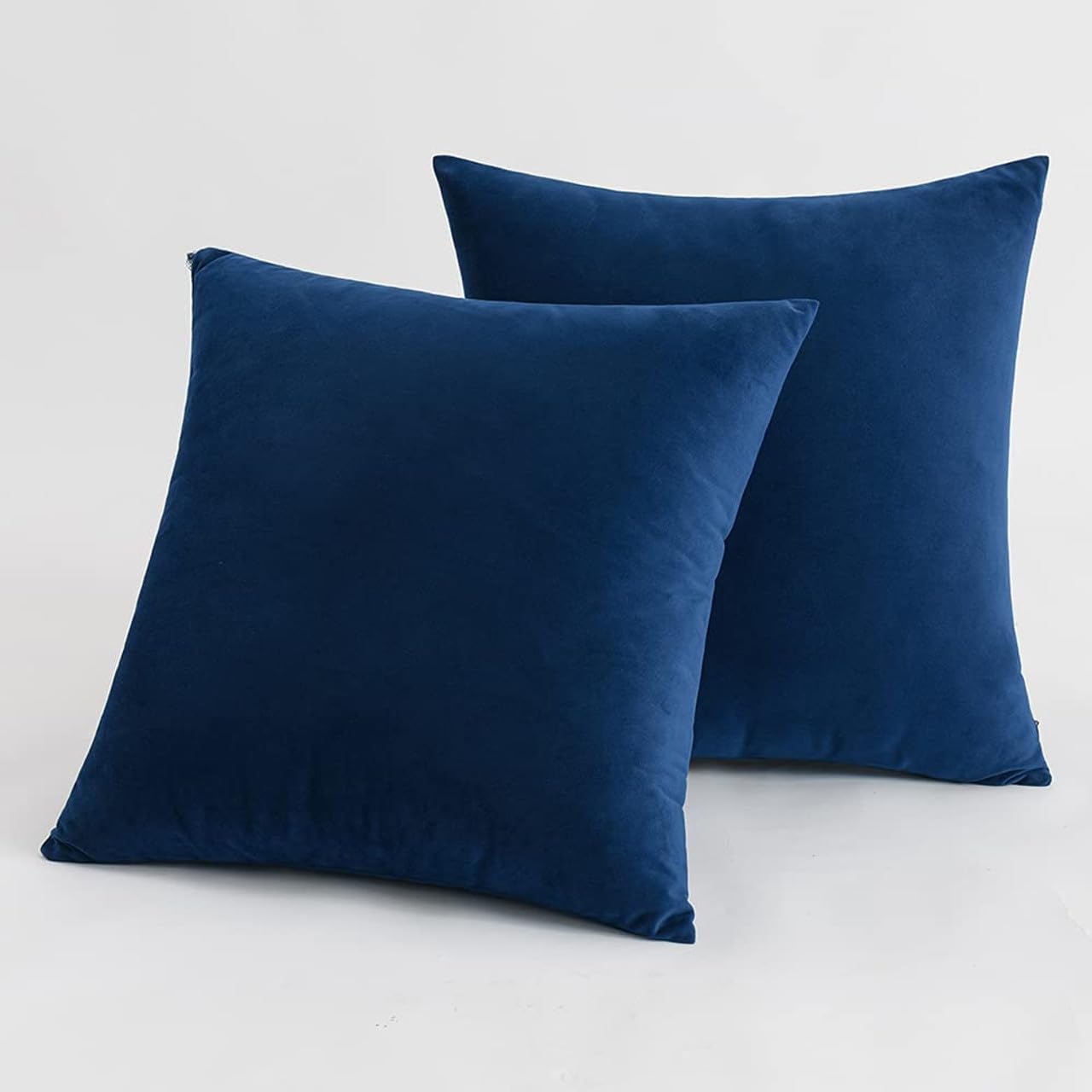 Makooz Dark Blue Solid Velvet Cushion Covers 18X18 Inch Pack Of 2 - Invisible Zipper Soft Decorative Square Throw Pillow Covers -Home Decor Luxury Pillowcase For Sofa Couch Livingroom Bedroom -45X45cm