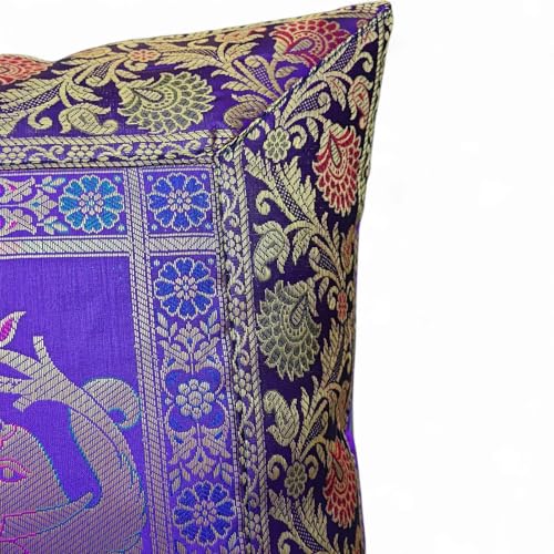 Original Kikan Kissenbezug aus indischem Elefanten-Mandala, Seide, Sari-Brokat, Boho-Stil, Heimdekoration, 40,6 x 40,6 cm, Reißverschluss, Banarsi, ethnisch, handgefertigt, Patchwork (lila)