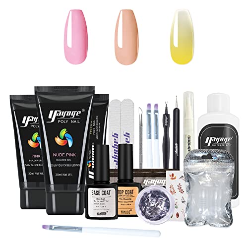 Yayoge Poly Gel Nail Extension Gel Nail Kit - 3PCS Builder Gel Poly Nail Gel Hard Gel for Nails with Slip Solution All in one French Manicure Set for Starter DIY Nail Art at Home