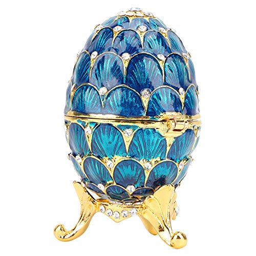 Longzhuo Huevo de Fabergé esmaltado Pintado a Mano Huevo de Pascua esmaltado Estilo Vintage Organizador de Joyas Caja de baratijas Decoración Artesanía Decoración para el hogar(Azul)