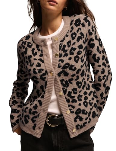 Image of Women Leopard Print Cardigan Open Front Button Down Sweater Long Sleeve Cotton Knit Fall Clothes Outerwear Coats