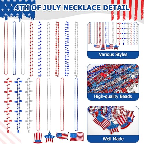 Independence Day Necklace Accessories, 200PCS 4th of July Bead Necklaces, Patriotic 4th of July Red Blue White Necklace USA Hat Flags Pendant, Metallic Necklace for Memorial Day Parades Party Favors3