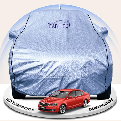 Image of FABTEC Metallic Silver Waterproof Car Body Cover for Skoda Rapid Sun, UV and Dust Protection with Mirror and Antenna Pocket (Reflective Silver with Black Piping)