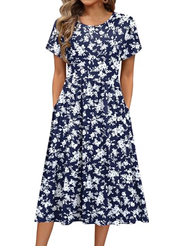 Image of HOTOUCH Women's Summer A-Line Midi Dresses 2026 Casual Floral Short Sleeve T-Shirt Dress Flowy Beach Sundress with Pockets