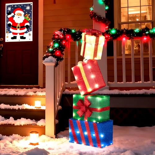 GOPLUS Lot de 4 Boîtes Cadeaux LED Noël Combinaison Flexible, Decoration Noel Exterieure Lumineuse avec 51 Lumières LED Chaudes et Nœuds, Jardin et Balcon