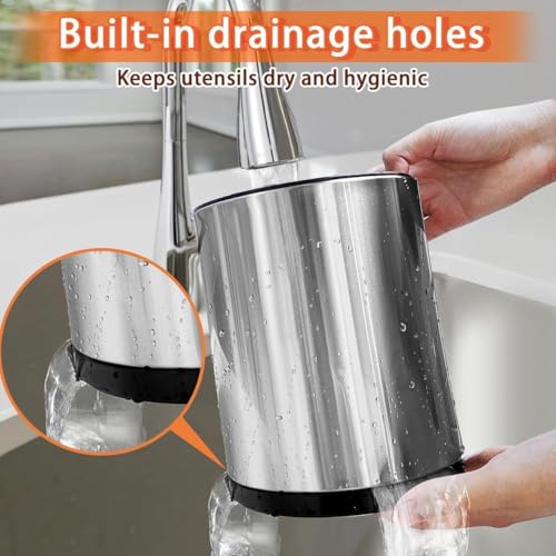 Image of 360 Rotating Stainless Steel Utensil Holder for Kitchen Counter Stainless Steel Spoon, Spatula & Cutlery Organizer 3-Compartment Caddy Kitchen Countertop Storage Rack with Drainage