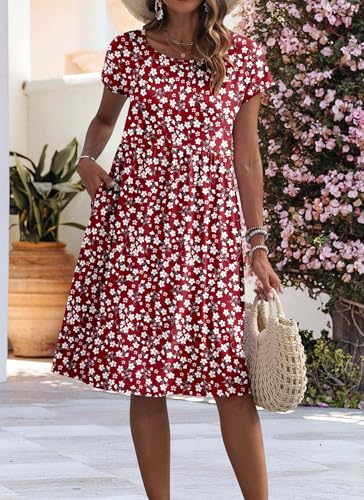 AUSELILY Women's Summer Short Sleeve Knee-Length Dresses Round Neck Loose Dress with Pockets Floral Red XL - 3