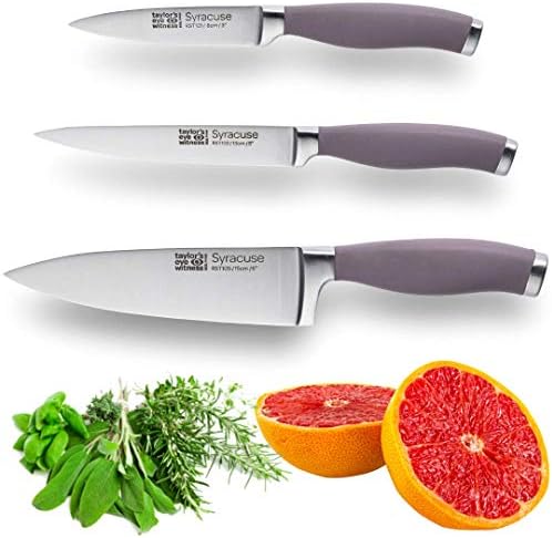 Taylors Eye Witness Syracuse Kitchen Knife 3pce Set - Paring 8cm/3.5, Chefs 15cm/6 & Cooks All Purpose 13cm/5 Cutting Edge. Ultra Fine, Razor Sharp Blade. Soft Textured Grip Aqua Blue Handle