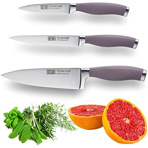 Taylors Eye Witness Syracuse Kitchen Knife 3pce Set - Paring 8cm/3.5”, Chefs 15cm/6” & Cooks All Purpose 13cm/5” Cutting Edge. Ultra Fine, Razor Sharp Blade. Soft Textured Grip Berry Colour Handle Cover