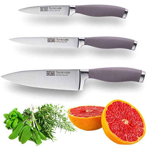 Taylors Eye Witness Syracuse Kitchen Knife 3Pce Set - Paring 8Cm/3.5”, Chefs 15Cm/6” & Cooks All Purpose 13Cm/5” Cutting Edge. Ultra Fine, Razor Sharp Blade. Soft Textured Grip Berry Colour Handle #TOP5