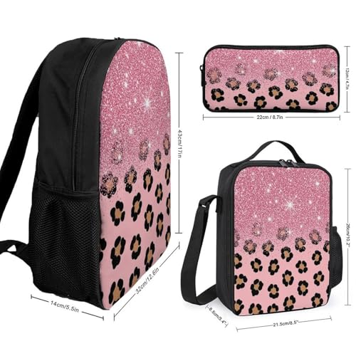 3 Pieces Mens Backpack with Reusable Insulated Lunch Bag Pencil Case Pink Glitter Sparkles Cheetah Leopard Print 17 Inch Travel College Daypack Stationery Pouch2