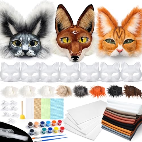 Therian Mask Kit 50 Pcs Cat Mask with Blank Masks Felt Sheets Furs Eye Meshes for Therian Gear Stuff DIY Mask Craft Kit for Halloween Masquerade Party