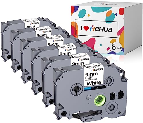 6x hehua tze221 Etiquetas Sustitución de Brother Tze 221 9mm Negro sobre Blanco Tape Tze 221, Compatible con P Touch PT h100 h105 D200 1010 1280 1800 (9mm x 8m)