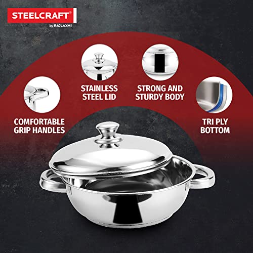 Image of Steelcraft Premium Stainless Steel Euro kadai -20 cm, 920ml (Induction Friendly) Cook and Serve, for Multipurpose Cooking, Silver, Set of 1