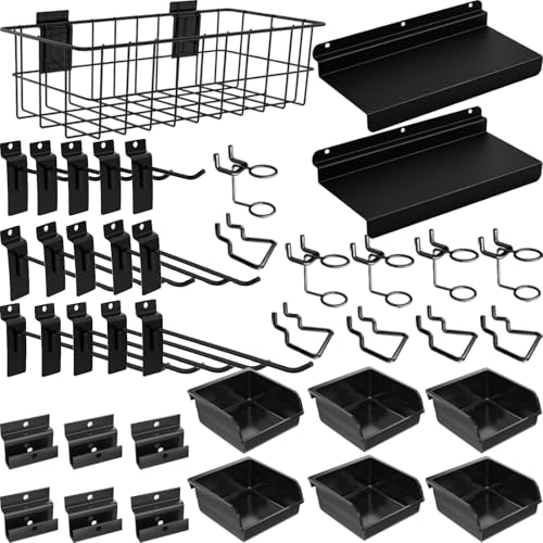 Image of BeapTcely 40 Pcs Slatwall Accessories Set - Includes Metal Wire Baskets, Storage Bins, Hooks, Screwdriver Holders and Shelves for Garage and Room Storage