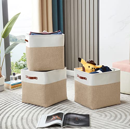 Image of DECOMOMO Foldable Storage Bin Collapsible Sturdy Cationic Fabric Storage Basket Cube W /Handles for Organizing Shelf Nursery Home Closet (Beige and White, Cube - 13 x 13 x 13-4 Pack)