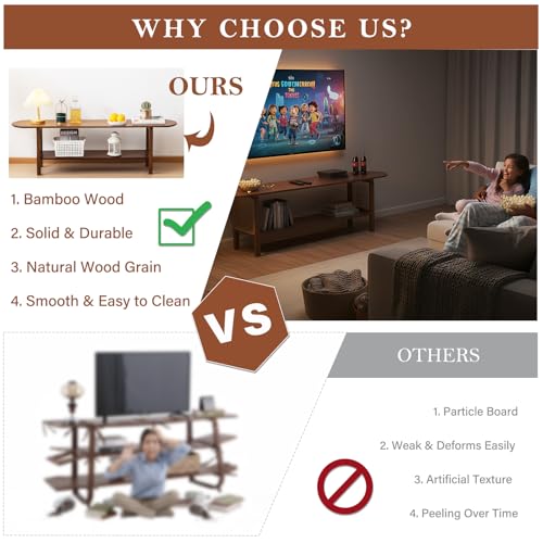 Image of Tiita Walnut Rattan TV Stand for 65-Inch TVs, 2 Open Shelves, Media Console