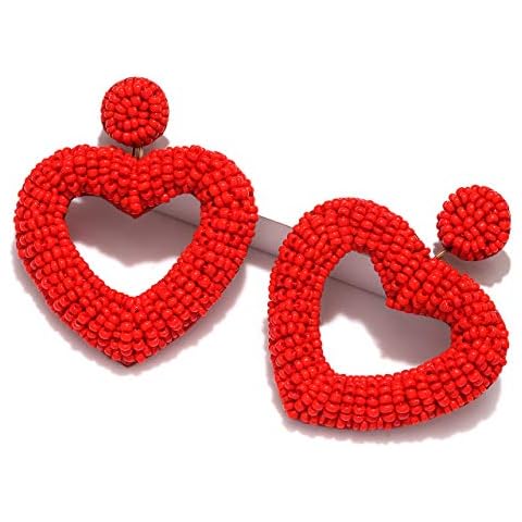 CEALXHENY Beaded Drop Earrings Handmade Seed Bead Heart Hoop Dangle Earrings Bohemia Statement Earring Studs for Women (Red) Cover