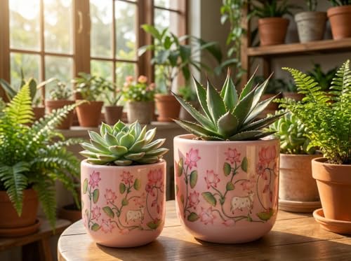 Image of Terracotta Planter Set, Pink Lotus Design, Pichwai Print Terracotta Pots with Glass Coating, 2 Piece Set for Indoor Garden and Home Decor | Table Top Decor