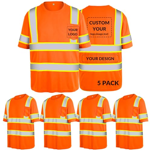 Safety Shirts Logo Custom High Visibility Shirts Class 3 Hi Vis Reflective T Shirts Construction Work Shirts for Men/Women Orange Short Sleeve-(XX-Largel,5Pack)