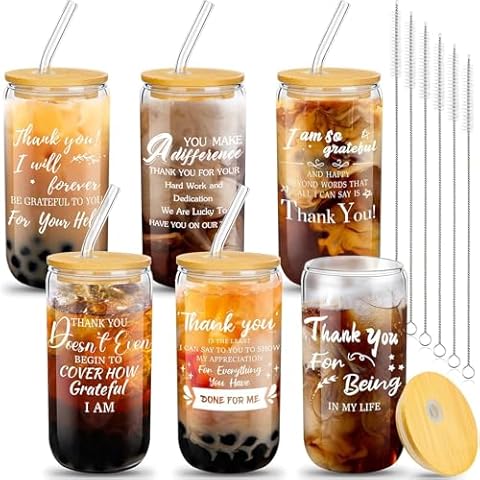 Purpeak 6 Set Employee Appreciation Gifts Thank You Gifts for Staff Coworker Christmas Thank You Glass Cups 16 oz Can Shaped Beer Glass with Lids Straws Brushes for Team(Exquisite Style) Cover