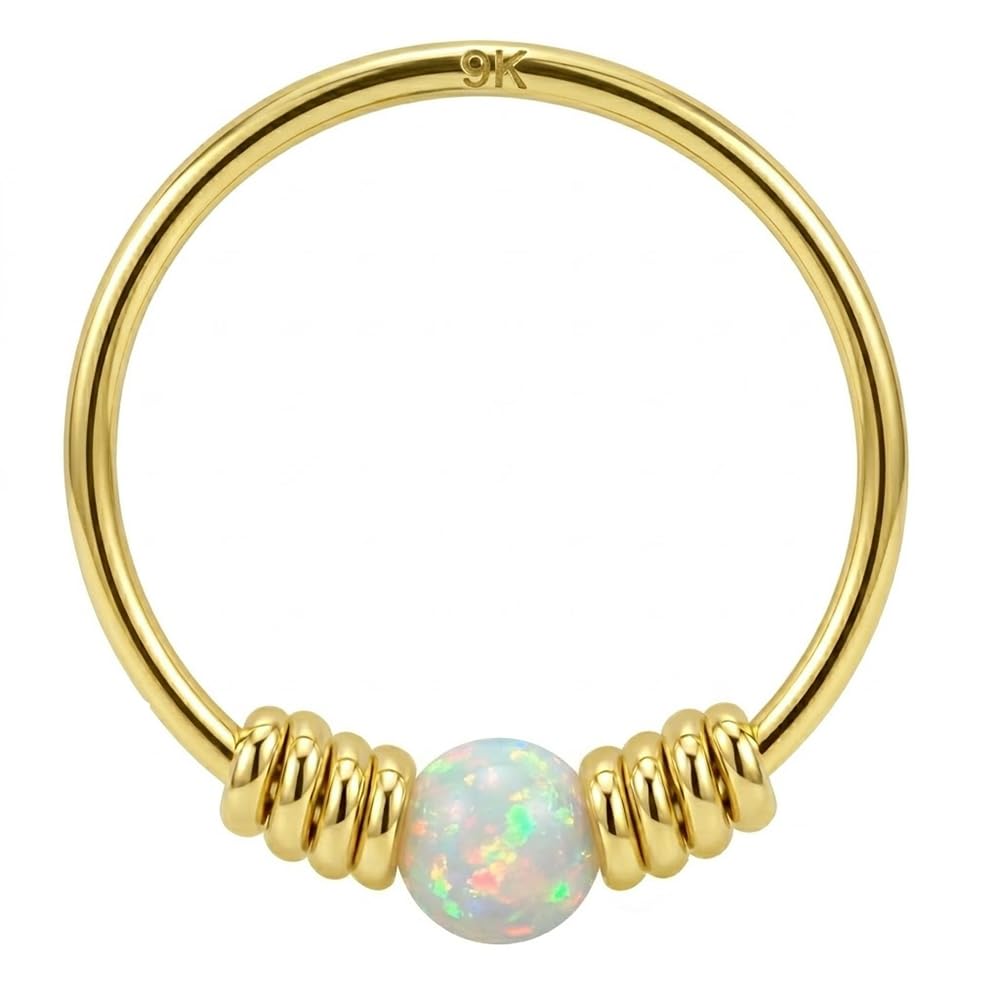 Monster Piercing Solider Stein Opal Gelbgold 9 K mit Doppelfeder Spule 22 Gauge Hoop Nasenring Tragus Helix