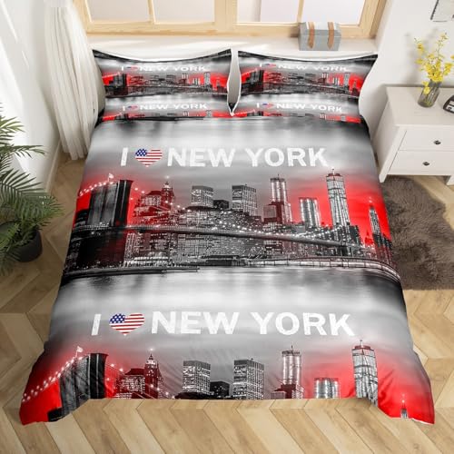 Homemissing New York Style Housse de Couette 200x200cm Adolescents Garçon Moderne Ville Parure de lit New York Gris Rouge Ensemble de literie Paysage Urbain...