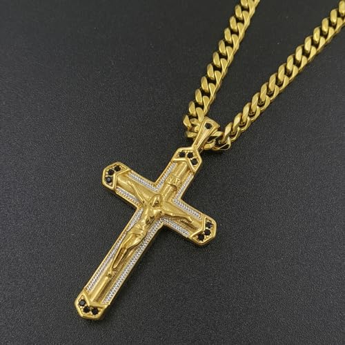 Generic Men's Crucifix Cross Pendant with 18K Gold Cuban Chain Jesus Necklace in 24 Inches, Gold/Silver Two tones3