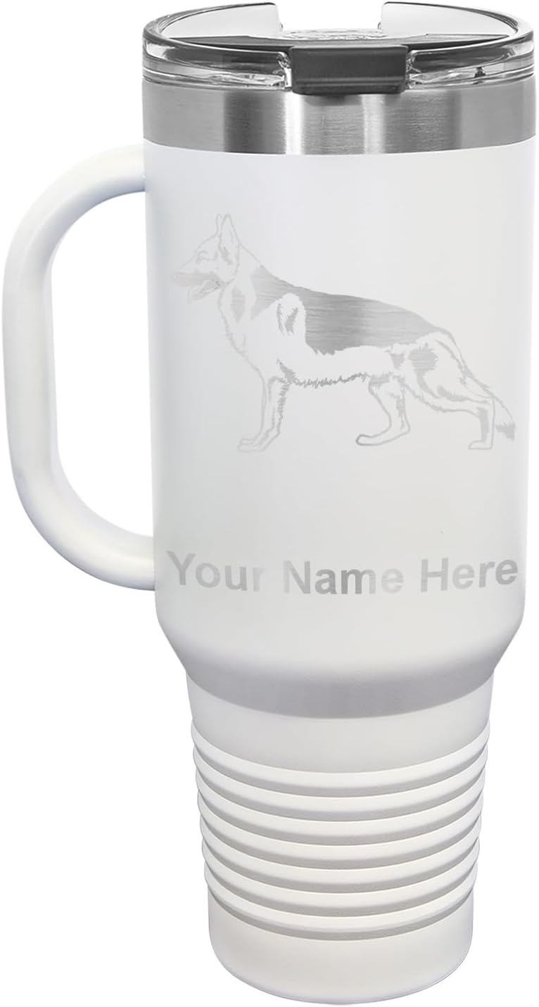 LaserGram 40oz Vacuum Insulated Travel Mug with Handle, German Shepherd Dog, Personalized Engraving Included (White)