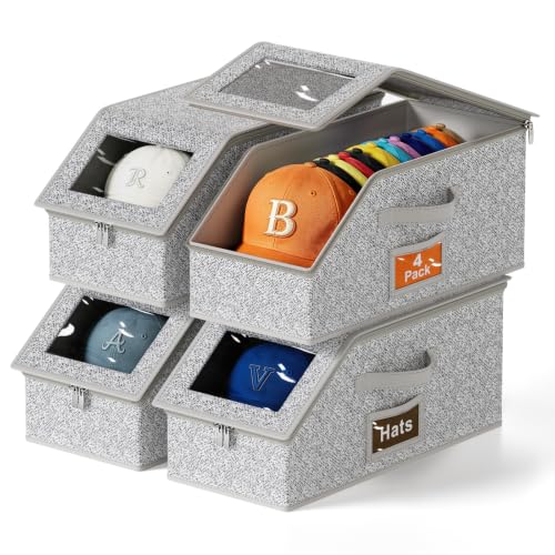 MISSLO 4 PCS Stackable Hat Storage for Baseball Caps Hold 48 Snapbacks Box