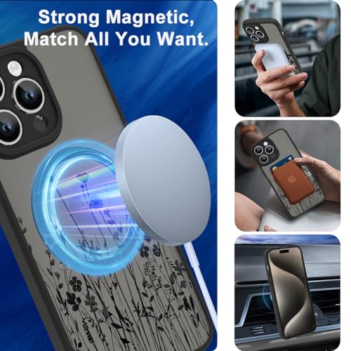 OOK Magnetic for iPhone 15 Pro Max Case [Compatible with MagSafe] Black Wild Flower Slim Translucent Matte Case Camera Lens Protection Scratch-Resistant Cover, Black Wild Flower (6.7\") - Thumbnail 5