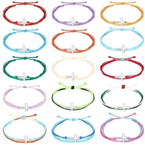 Inbagi 30 Pcs Friendship String Rope Cross Bracelet for Women Men, Adjustable Christian Nylon Rope Handmade Braided Cross Bracelet for Christian Party Favors Vbs Back to School Gift, 15 Colors
