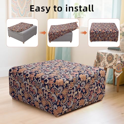 Image of YISUN Ottoman Cover Square, Stretch Printed Ottoman Slipcover Square, Thick Storage Ottoman Covers Washable Footrest Stool Cover Protector with Nonslip Elastic Bottom