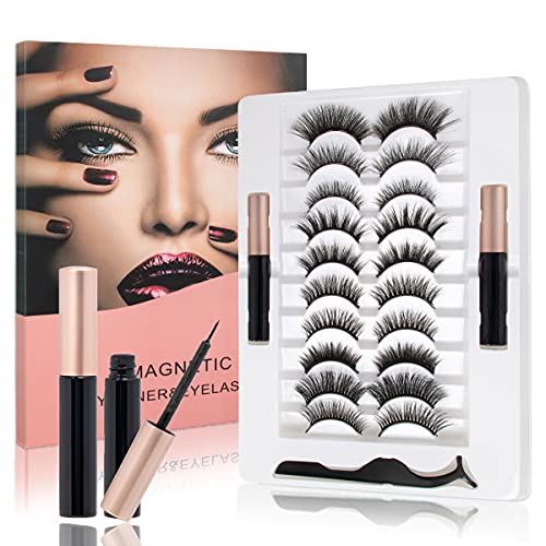MISMXC Magnetic Eyeliner and Eyelashes Kit,Upgraded 3D Magnetic Eyelashes and Eyeliner Set with 10 Pairs Reusable Magnetic Lashes &2 Tubes of Magnetic Eyeliner&1 Tweezers-No Glue Need